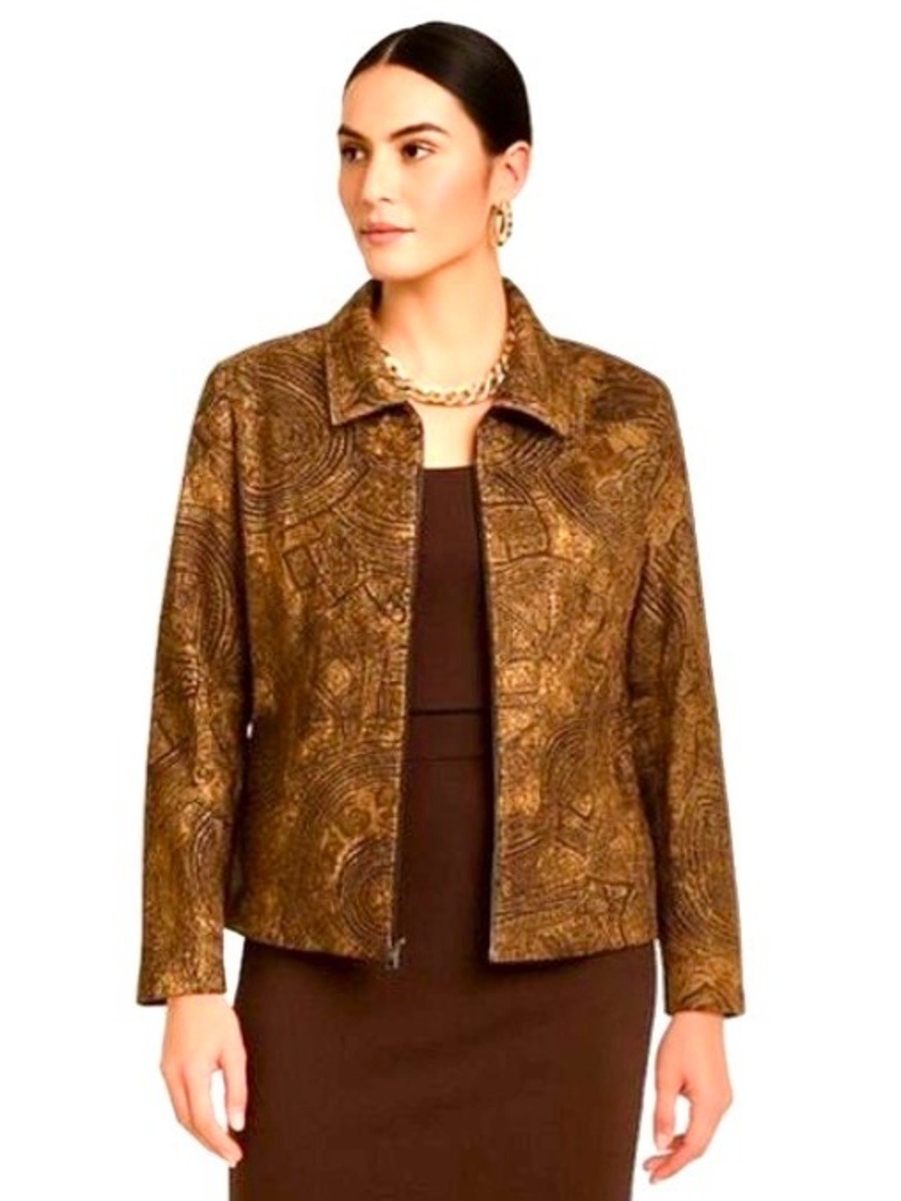 Vintage Joseph Ribkoff Brown Gold Geometric Velvet Jacket Made in Canada Sz 14